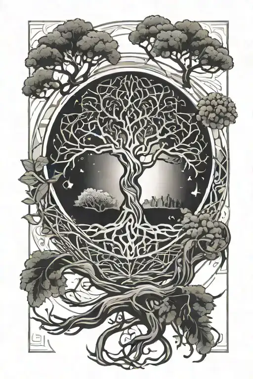 Tree Of Life With Moon And Forest Is The Background