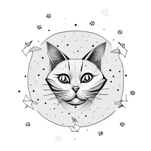 A Minimalist Tattoo Of A Cat Sitting On A Cloud With Stars All Around