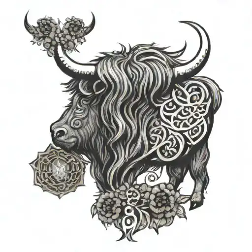 Triskele Made Of Scottish Thistle Behind A Highland Cow