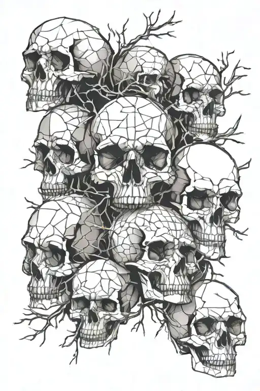 Pile Of Skulls With Tree Branches Going Between The Eyes And Mouths