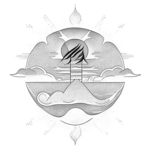A Minimalist Tattoo Of A Person Walking On A Beach With The Sun And Clouds In The Background