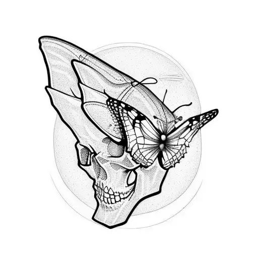 Butterfly In The Old School Style In The Middle Of Which A Frightened Human Skull Is Depicted