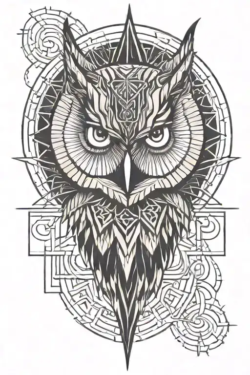 Half Owl Head Tattoo With Minimalist And Clean Lines Sun Rays And Lightning In The Background