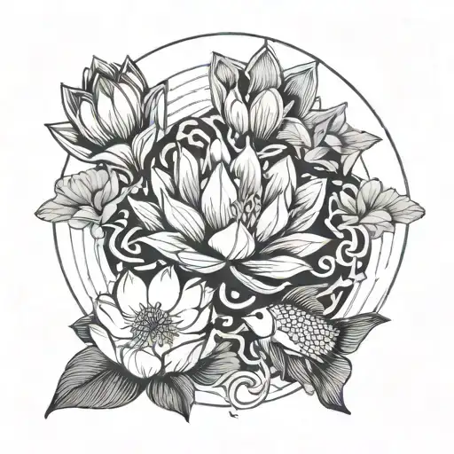 Top View Lotus In Water With 2 Fish Swimming In A Circle