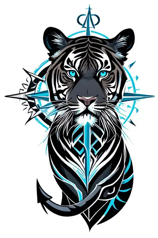 Anchor And Compass And Tiger With Blue Eyes Surrounded