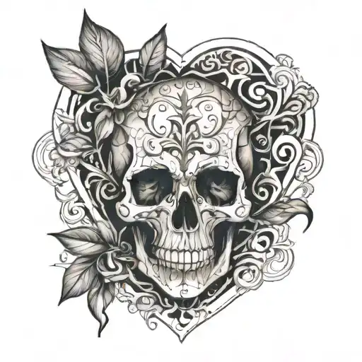 Skull Inside Heart Victorian Style Geo Patern