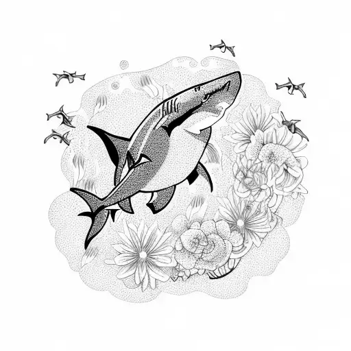 Shark Swimming In Water Surrounded By Flowers