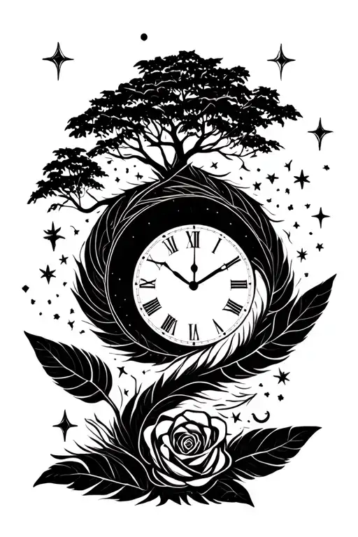 Trees And Moon And Stars Feather Rose Clock