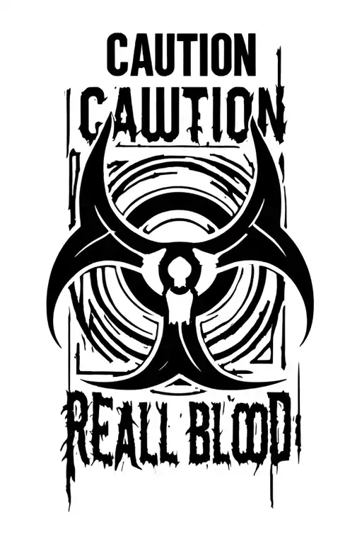 Biohazard Symbol With Text Above It Saying Caution And Text Below It Saying Real Blood
