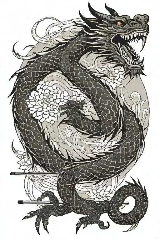 Japanese Dragon With A Samurai And Sword And Geisha Wearing A Kimono With A Dragon Coming Out Of The