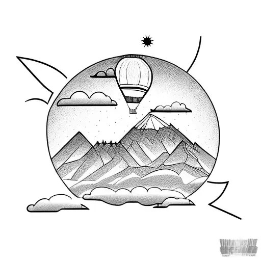 Hot Air Balloon With Mountains And Sunrise In Background Also With Evergreens