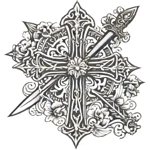 Cross Of Saint Benoit With Sword And Fleur De Lys Flower