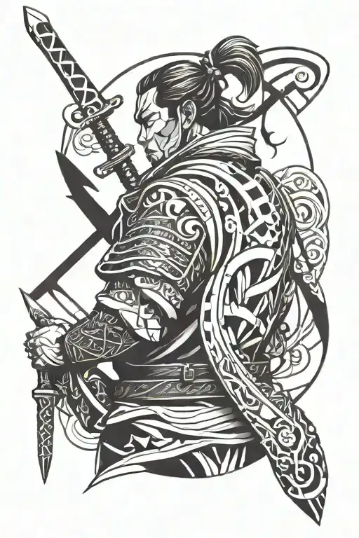Samurai Holding A Wrench Seen From Behind With Swooshes And Abstract Shapes Around