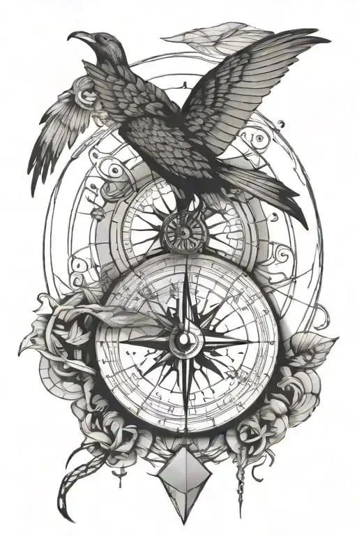 A Compass With A Snake And A Minimal Flying Crow