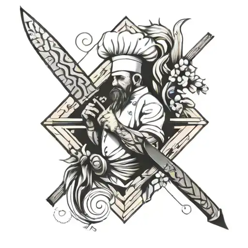 A Tattoo Design Combining A Chef Knife And Wood Working In A Dynamic And Artistic Way