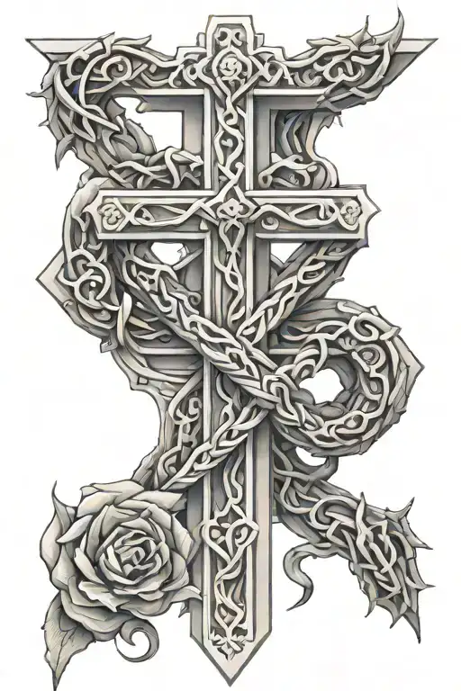 A 3D Cross With A Snake Covered In Rose Thorns Around It