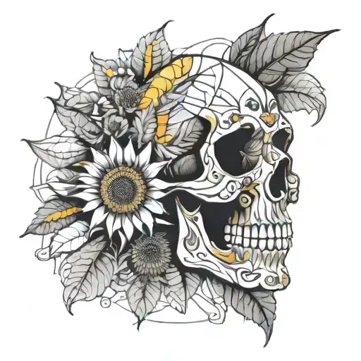 Skull And Sunflower On Black Background