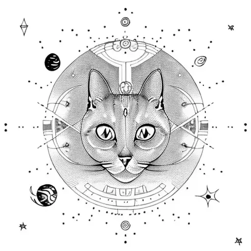 A Blackwork Tattoo Of A Cat Floating In Space With Planets And Stars Forming A Binary Code Pattern