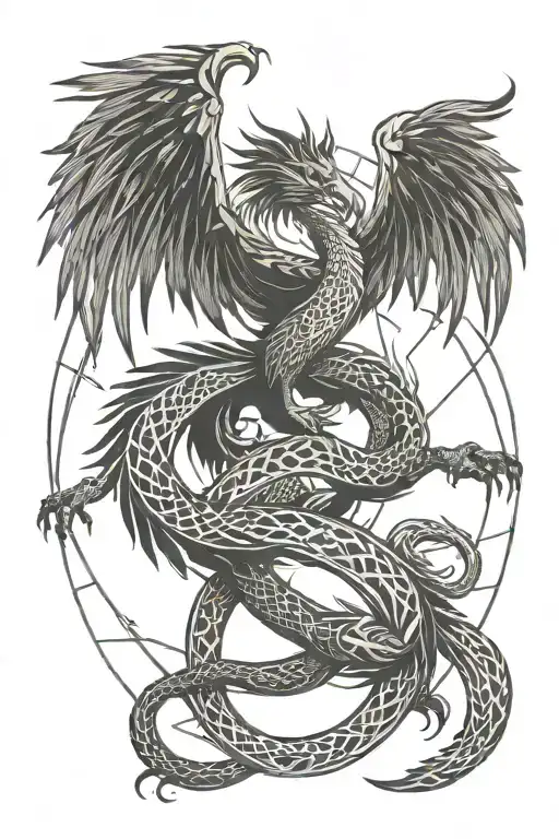 Phoenix And Dragon In A Dance Circle