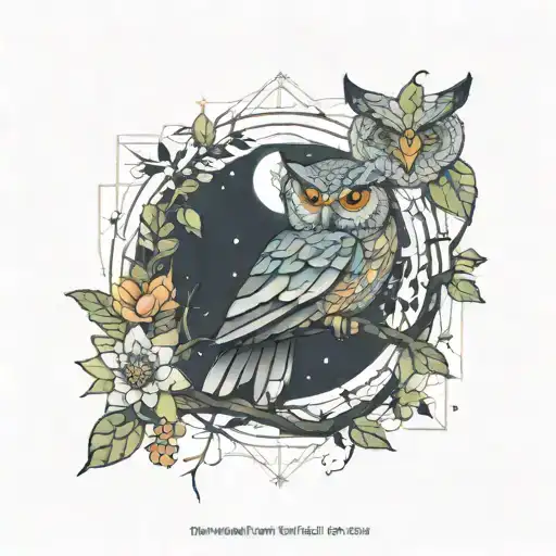 Owl Perched On A Branch In Forest With Moon And Flowers Wtih Colours
