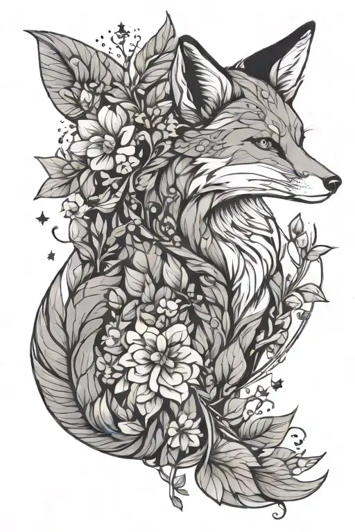 Fox With Stars And Moon And Flowers And Vines