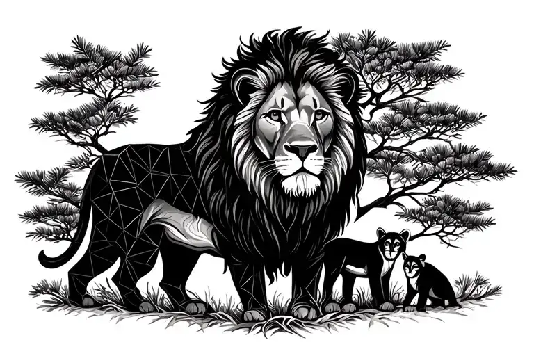 Sun Shining Light On Lion And Two Cubs And Juniper Tree Growing