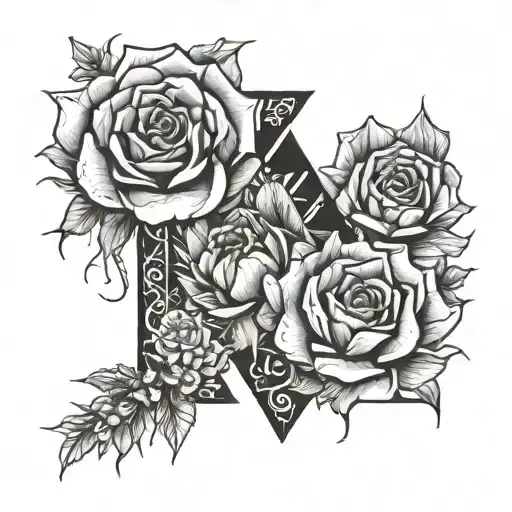 Roses And Cactus Flowers In Black And White With Letter N Coming Out Of Flowers