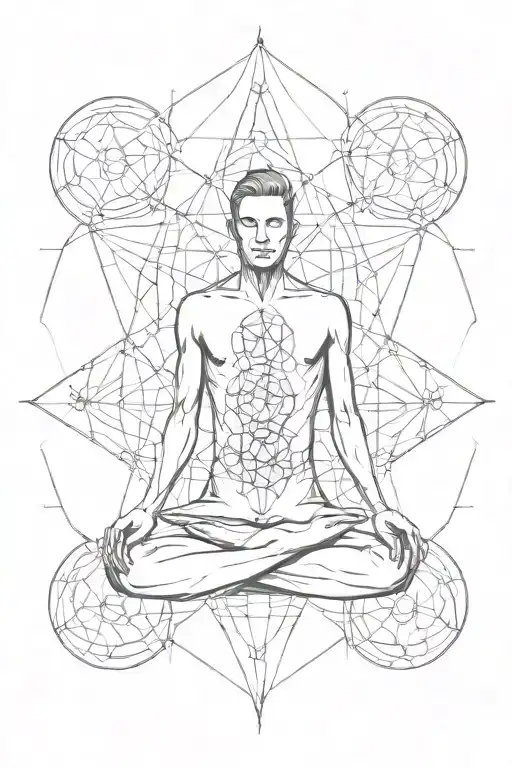A Minimalist And Fine Line Tattoo With A Seven Chakras Surrounding A Man Meditating