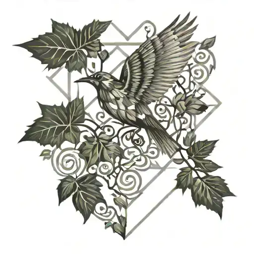 A Climbing Ivy With A Bird Flying Away