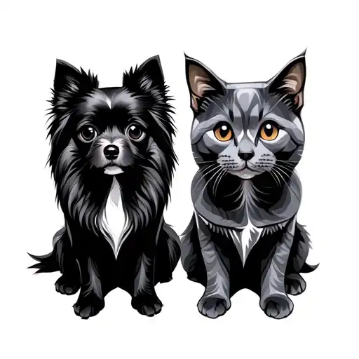 A Black Pomeranian Dog And A Grey British Cat Sit Side By Side
