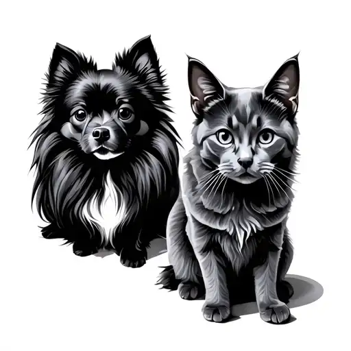 A Black Pomeranian Dog And A Grey British Cat Sit Side By Side
