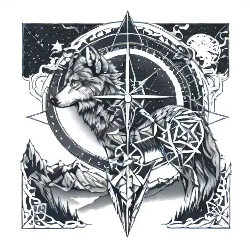 Wolf Within A Compass With Mountains In The Background And A Starry Night