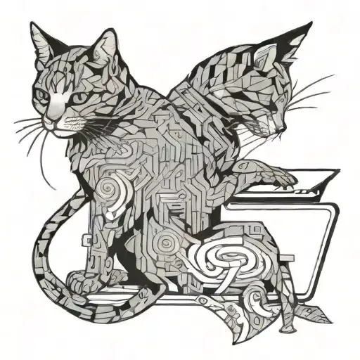 A Tattoo Of A Cat Programmer Coding On A Laptop With Digital Code Swirling Around Them
