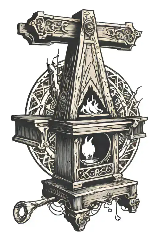 Incorporate A Guillotine That's On Fire In Old School Style With Woodcut