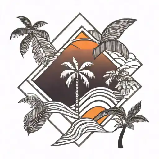 Palm Tree With An Orange Blossom And Waves With A Sunset