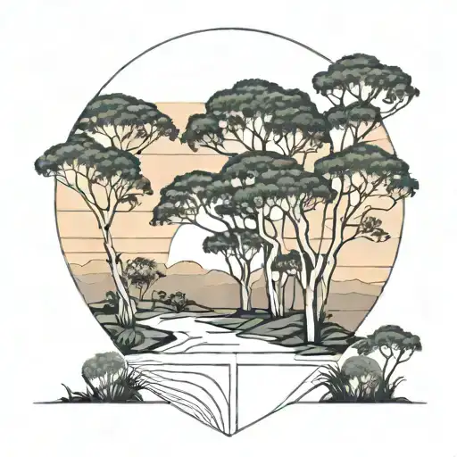 Australian Landscape With Eucalyptus Trees Sunset