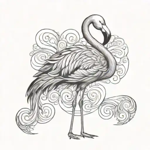 A Single Flamingo With Swirls In The Body Feathers Engraving Style - Nothing Surrounding It