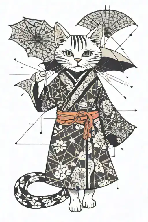 Cat In Kimono Holding An Umbrella