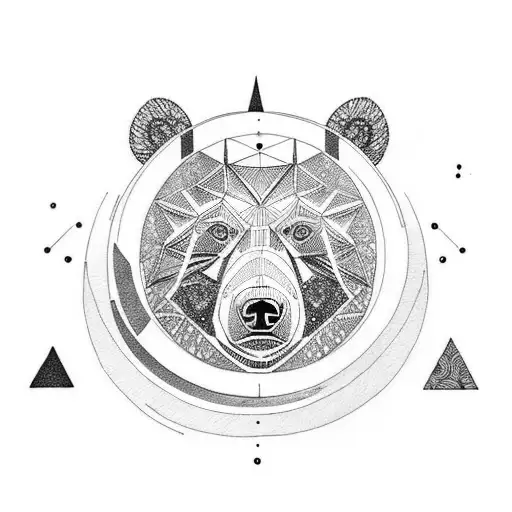 A Dotwork Tattoo Of A Bear Standing On A Bike With A Crescent Moon In The Background