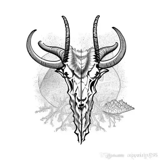 Angry Ferral Big Horn Goat Skull With A Forest As Background