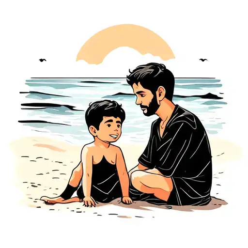 Father And Son On The Beach And Sand