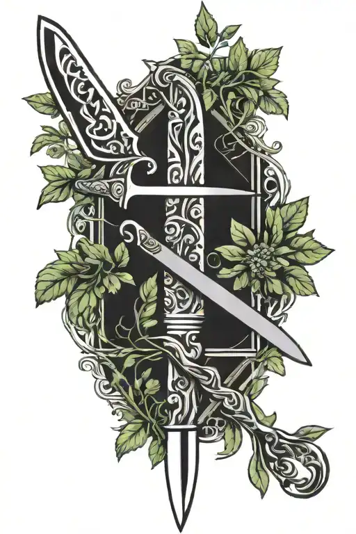 Chef Knife Intertwined With Fresh Herbs Intertwined