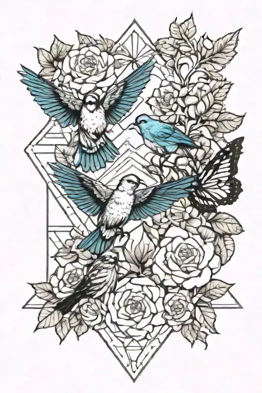 Rocky Mountain Peak With Mountain Blue Birds And Monarch Butterflies With Wild Prairie Roses