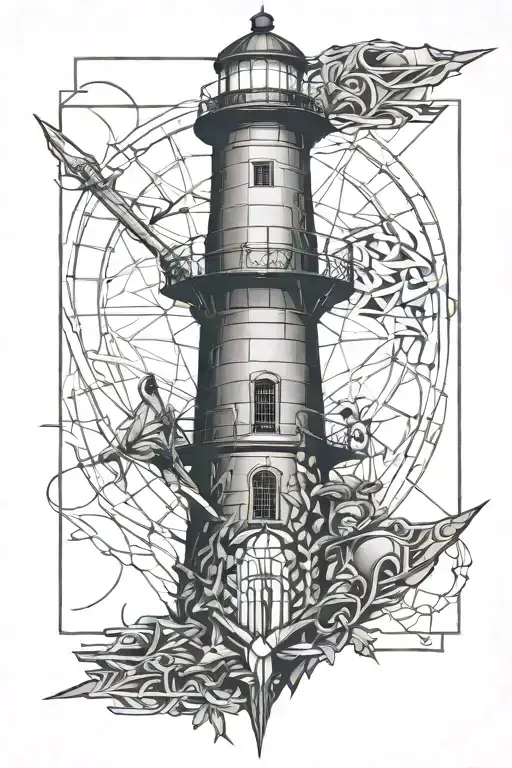 Lighthouse And Samauri Holding A Sword