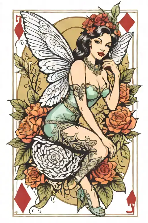 Pin Up Fairy With Wings Playing Cards With Tribal Garden Background
