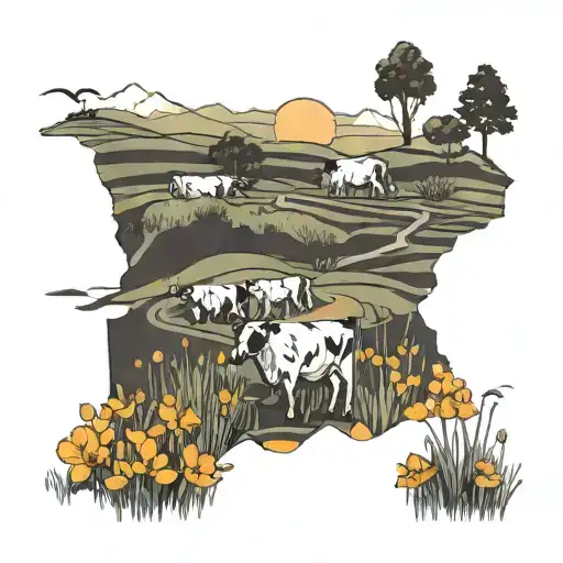 Island Floating In The Air With Cows Grazing And California Poppies