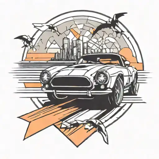 A Tattoo Design Of A Sleek Sports Car Driving Into A Vibrant Sunset Over A Beach
