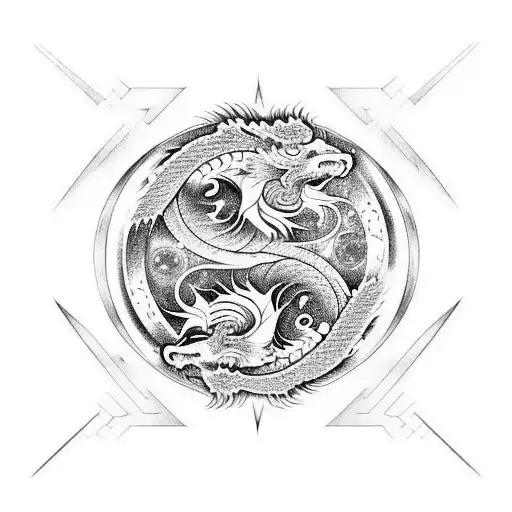 Dragon And Lion Fighting In Yin Yang