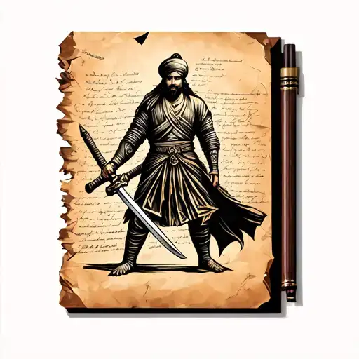Sikh Warrior Wielding A Sword With Old Paper With Writing On It With A Quil And Inbox