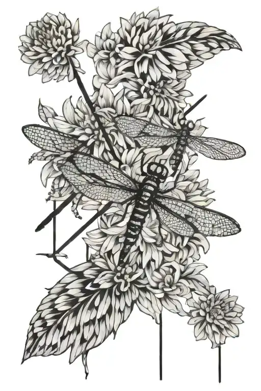 Chrysanthemum And A Dragonfly Hovering